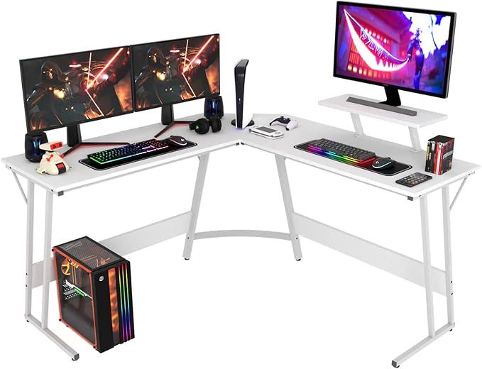 PayLessHere L Shaped Desk Corner Gaming Desk Computer Desk with Large Desktop Studying and Working and Gaming for Home and Work PlaceWhite