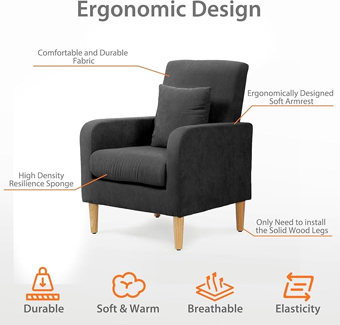 Upholstered Sofa Chair with Pillow Fabric Accent Armchair with Wooden Legs Comfy Lounge Chair for Living Room Bedroom or Office Supports up to 300 lbs (Black)