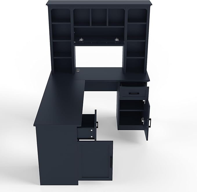 L-Shaped Home Executive Desk with 2 Cabinets and 2 Drawers Computer Desk with Power Outlet 11 Open Shelves and 1 Right Flip Shelf with Storage for Study Living Room and Office (Antique Blue-02)