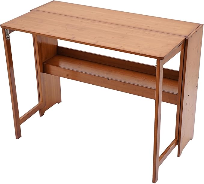 Bamboo Folding Desk Laptop Desk Writing Desk with Storage Shelf Vanity Table Small Computer Table Space Saving Workstation for Home Office