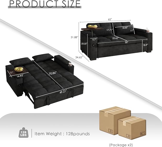 Dreamzie 65'' 3 in 1 Convertible Sleeper Sofa Bed Chenille Pull Out Couch for Living Room with 90° Swivel Side Table Loveseat Sleeper with Charging Port | Side Pocket | Cup Holders Black