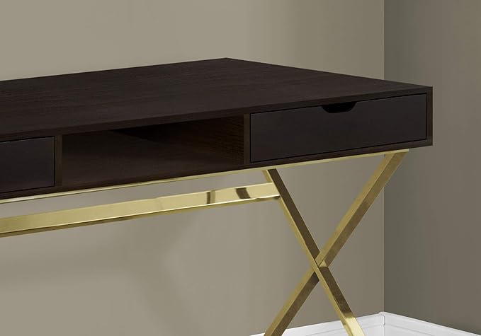 Brown &amp Gold Computer Desk with Drawers - Modern Home Office Workstation
