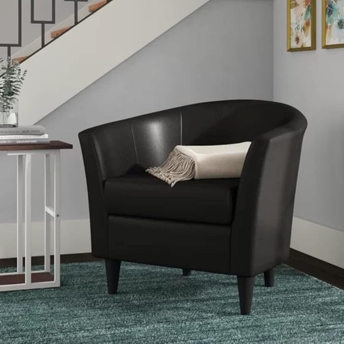 Stylish Black Faux Leather Lounge Chair Living Room 31.5'' Wide Modern Style Solid and Engineered Wood Frame Black Tapered Dowel Legs | Foam Seat Material Tight Back Pretty Coal Shade Durable
