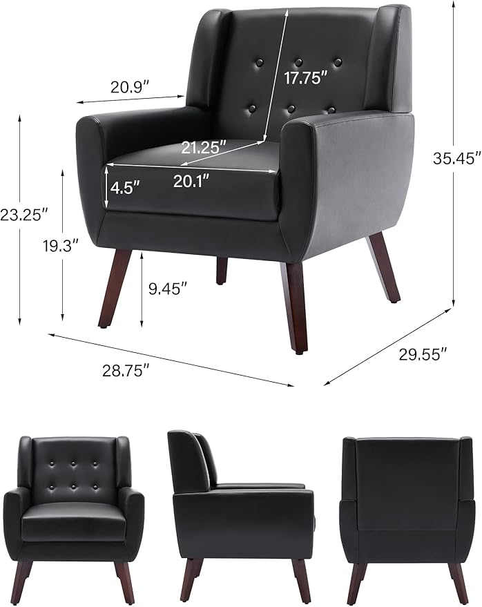 Accent Chair Mid-Century Modern PU Leather Chairs with Arms for Living Room Comfy Upholstered Club Single Sofa Armchair for Bedroom Waiting Room with Solid Wood Frame（Leather Black Set of 2)