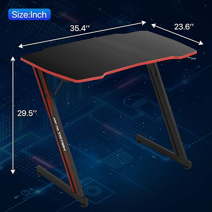 Dkelincs 35 inch Gaming Desk Z-Shaped Computer Desk PC Computer Table Home Office Desk Ergonomic Gamer Workstation with Headphone Hook Red