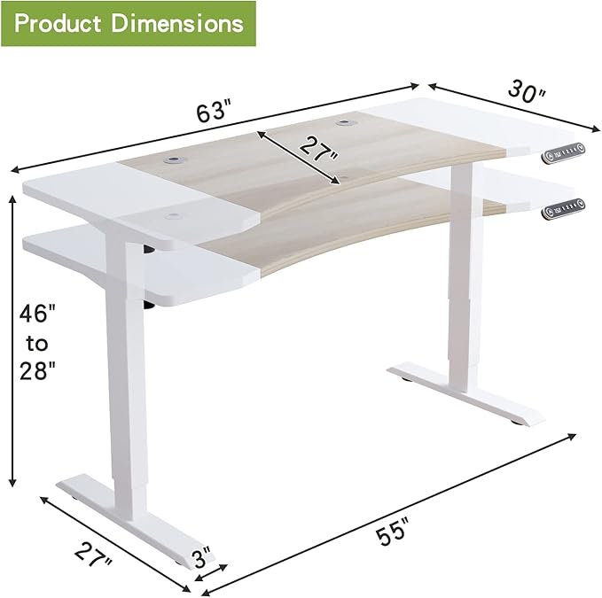 Radlove Dual Motor Height Adjustable Standing Desk 63 x 30 Height Adjustable Computer Desk Sit Stand Desk Home Office Desks with Splice Board 265 lb Load Capacity White Frame + White Top