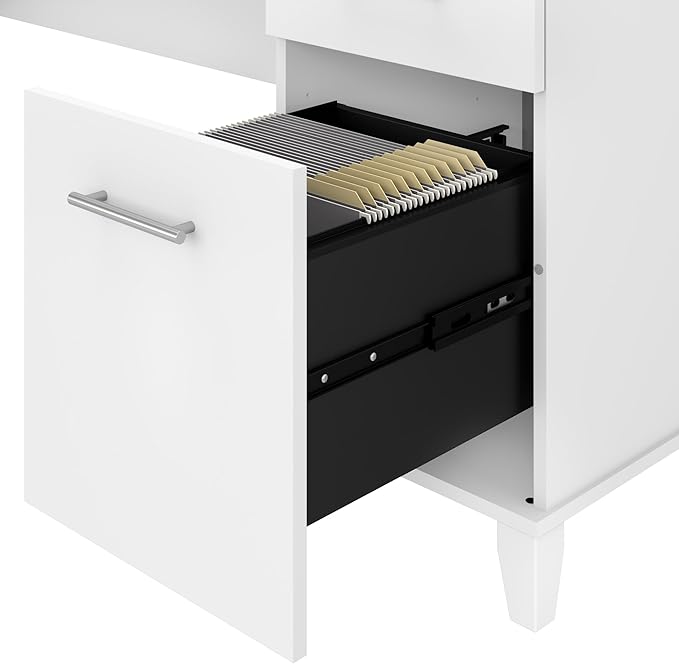 Bush Furniture Somerset L Shaped Desk with Hutch in White | Corner Computer Table with Drawers Cabinets and Pullout Keyboard/Laptop Tray for Home Office