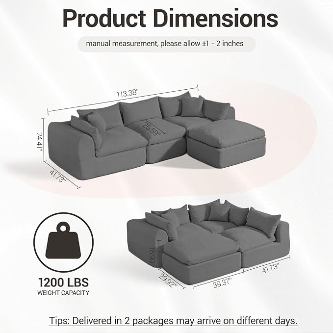 Modular Cloud Couch Sectional Boneless Sofa with Ottoman Deep Seat Fluffy Sectional Couch for Living Room &amp Bedroom No Assembly Required Grey