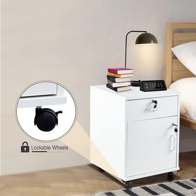 Mobile 2 Drawer File Cabinet with Lock Wooden Under Desk Filing Cabinet with Wheels Small Rolling Storage Cabinet for Home Office Organizer A4/Letter Size/Legal White