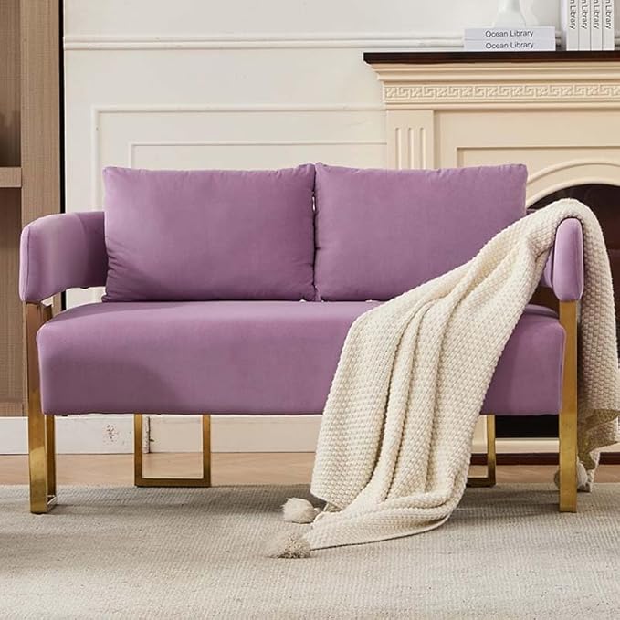 Teddy Fabric Accent Chair Modern Side Chair with Gold Metal Legs 51 Inch Wide Upholstered Loveseat for Living Room Dressing Area Office (Lilac)