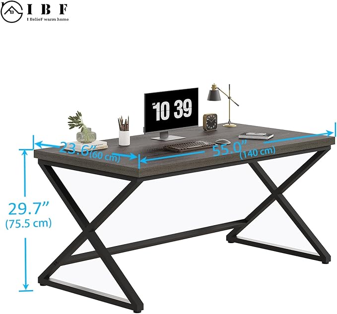 IBF Grey Home Office Desk Modern Computer Desk for Writing Study Wood Metal Rustic Pc Gaming Executive Work Desk Industrial Workstation Computer Table in Bedroom Dark Gray Oak 55 Inch