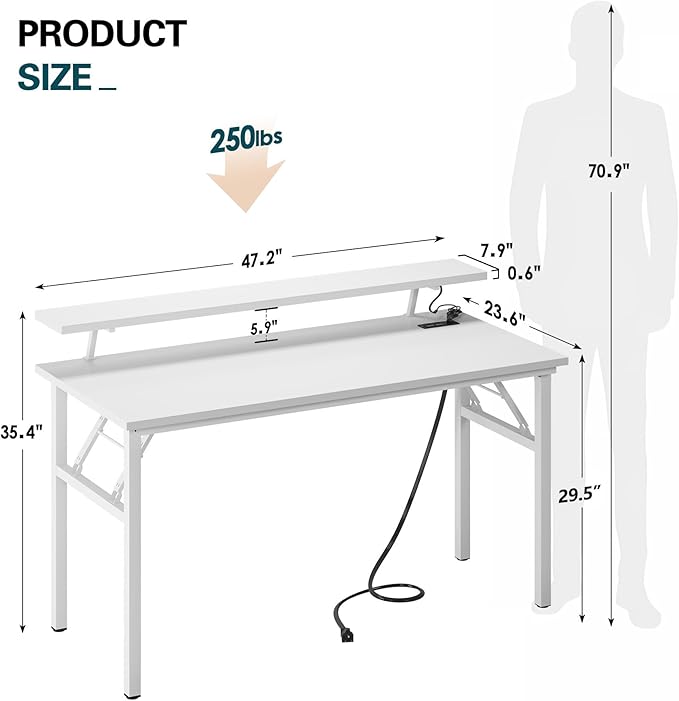 Need 47.2 inch Computer Desk with LED Lights &amp Power Outlets Folding Desk with Monitor Shelf Wide Folding Table Writing Desk Foldable Home Office Desk White