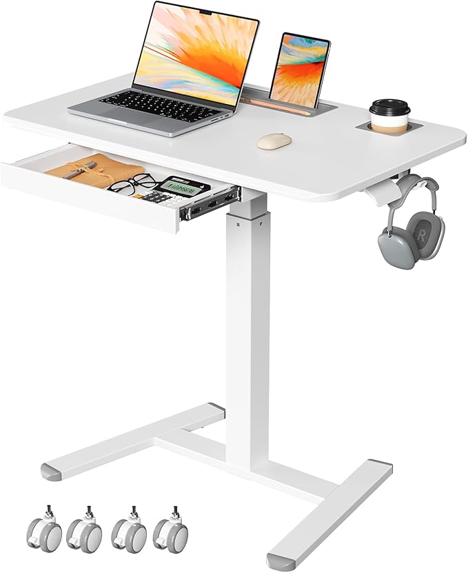 Mobile Standing Desk with Drawer 32 Rolling Desk with Cup Holder and Hooks Portable Laptop Cart on Wheels Height Adjustable Workstation with Storage for Home Office White