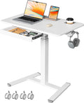 Mobile Standing Desk with Drawer 32 Rolling Desk with Cup Holder and Hooks Portable Laptop Cart on Wheels Height Adjustable Workstation with Storage for Home Office White