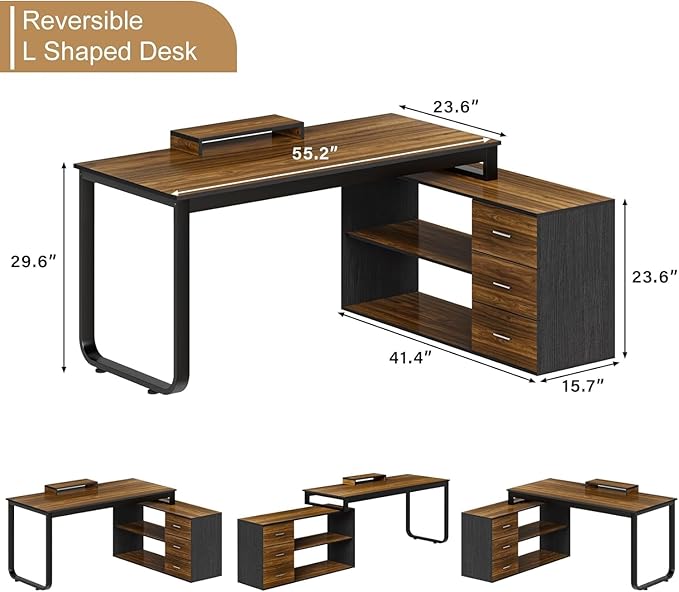 55 Inch L Shaped Desk with 3 Drawers Home Office Desk with Storage Shelves Computer Desk with Monitor Stand Black