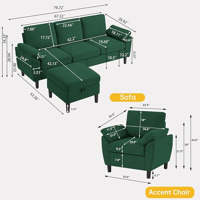Convertible Sectional Sofa Set Modern L Shaped 3 Seat Sofa with Reversible Ottoman and Accent Chair Linen Sectional Couches for Living Room Green
