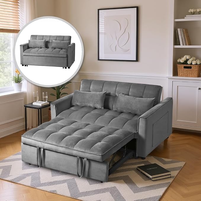 3 in 1 Pull Out Sofa Bed 52.75 Sleeper Sofa Bed with 3-Level Adjustable Backrest Velvet Fabric Loveseat Sleeper Couch for Living Room &amp Bedroom &amp Apartment &amp Dorm Furniture Dark Grey