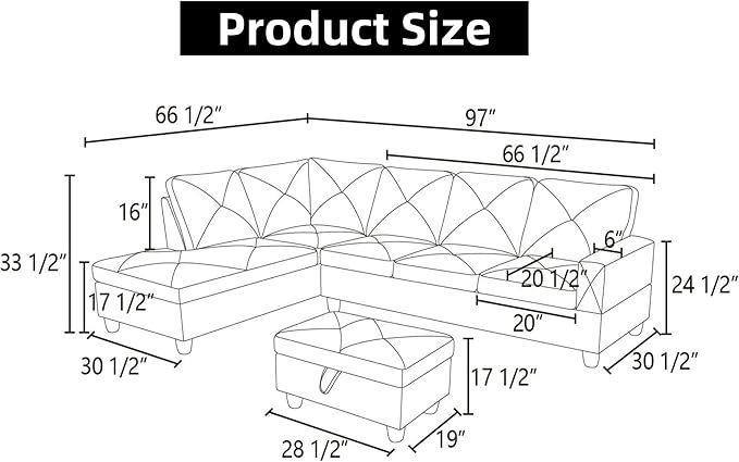 L Shaped Sectional Couch with Reversible Cup Holder and Chaise 4 Seater Lounge Sofa Modern Nailhead Design with Storage Ottoman Grey
