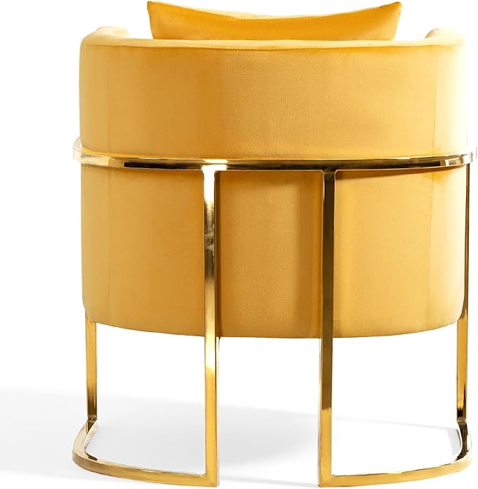 Velvet Modern Accent Chair Upholstered Barrel Armchair Mid Century with Pillow for Living Room Comfy Single Vanity Chair with Metal Gold Legs for Bedroom Yellow