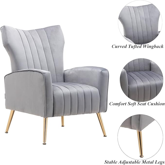 Velvet Accent Chair Modern Wingback Comfy Chair Tufted Reading Armchair with Gold Legs for Living Room/Bedroom Grey