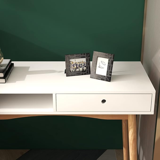 Home Office Desk Computer Desk with Storage Drawers Laptop PC Workstation with Storage Compartment Writing Study Desk with Solid Wood Legs for Home Office Bedroom Study Living Room