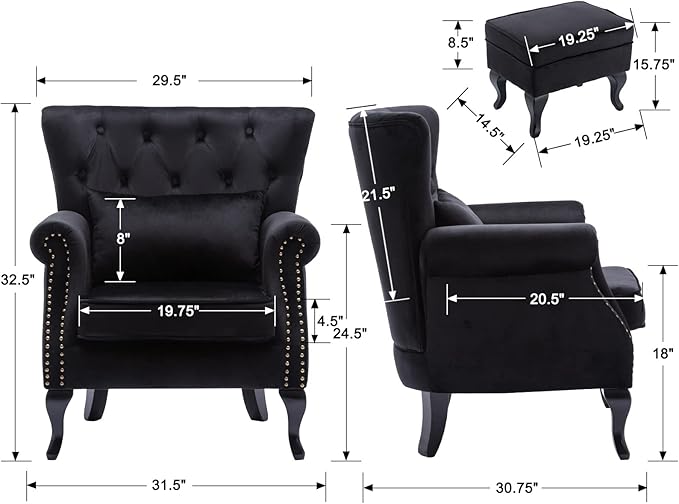 Kmax Velvet Club Chair Tufted Throne Mid Century Accent Wingback Chair with Ottoman Padded Seating Wood Legs Home Club Bedroom Living Room Black