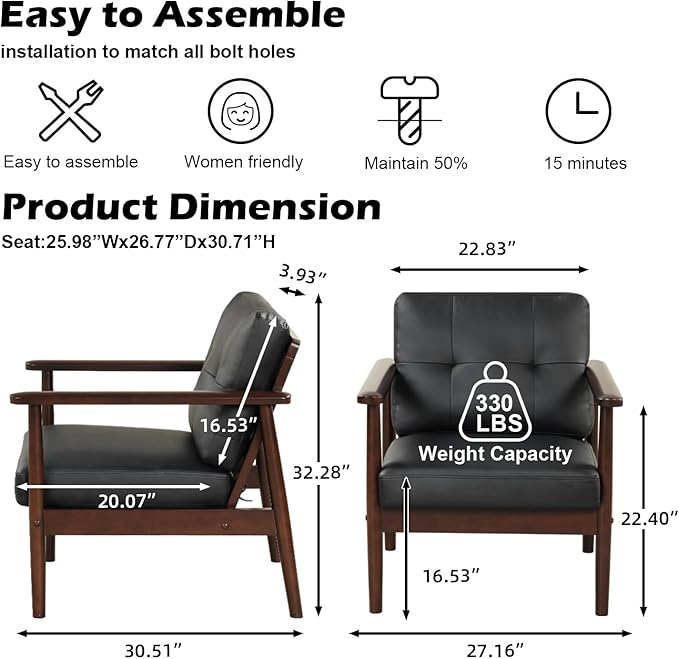 STHOUYN Mid Century Modern Chair PU Leather Accent Chair with Wood Arms Living Room Chairs Reading Armchair for Bedroom Waiting Room Office