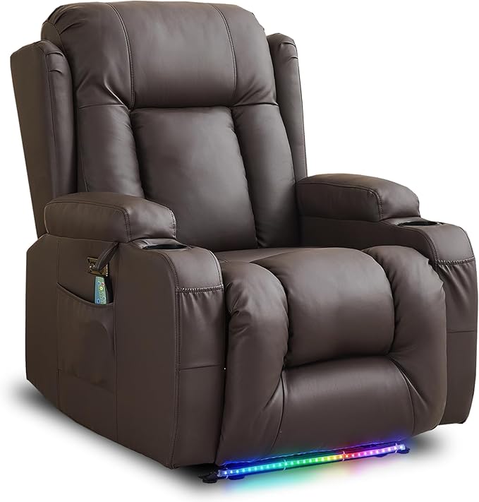 Power Recliner Chair PU Leather Home Theater Seating Chair for Adults with Massage &amp Heat Comfy Single Reclining Sofa Chair for Living Room with USB Port/Led Light/Cup Holder (Brown)