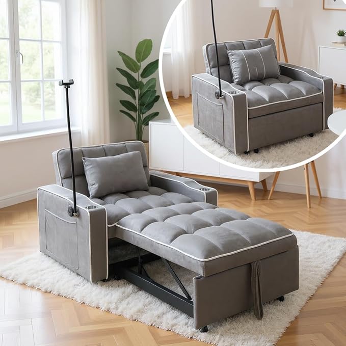 Convertible Sleeper Chair Pull Out Chair Sleeper with Bracket and Cup Holder Chairs Bed Sleepers for Adults 3 in 1 Sofa Bed Chairs for Small Spaces Living Room Dark Gray