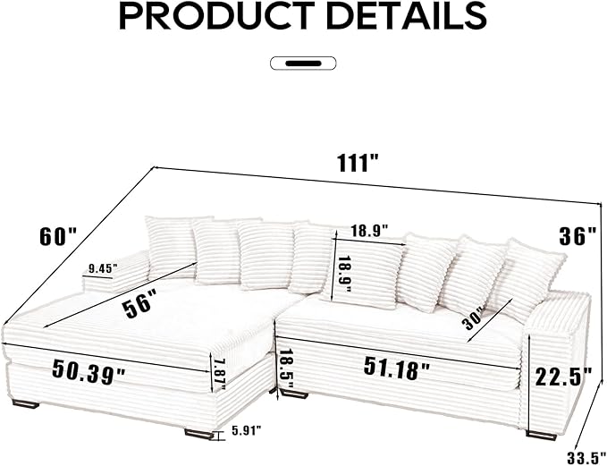 Fefances Spacious Two-Section Left-Oriented Modular L-Shaped Corduroy Sectional Couch for Living Spaces 111 Upholstered Convertible Chaise Sofa &amp Chaise Lounge with Daybed FunctionalityBeige/L.