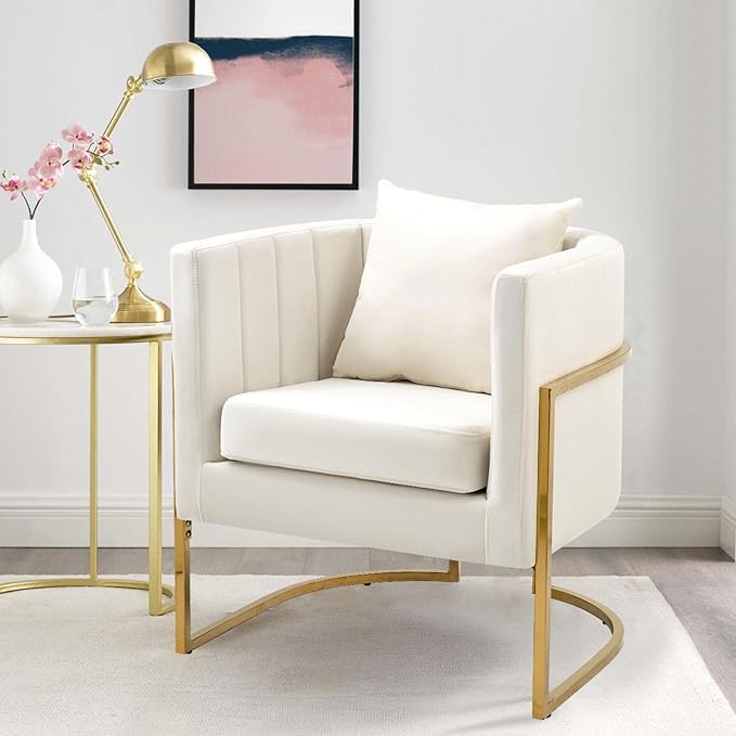X-VOLSPORT Velvet Accent Chair Modern Barrel Arm Chair for Living Room/Bedroom/Guest Reception Upholstered Club Armchair with Pillow &amp Gold Base White