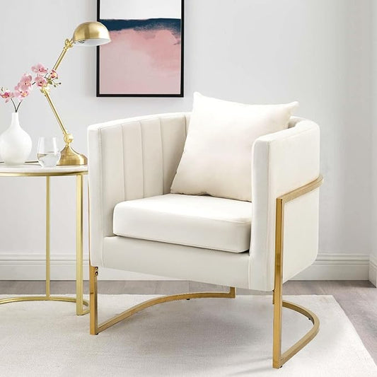 X-VOLSPORT Velvet Accent Chair Modern Barrel Arm Chair for Living Room/Bedroom/Guest Reception Upholstered Club Armchair with Pillow &amp Gold Base White