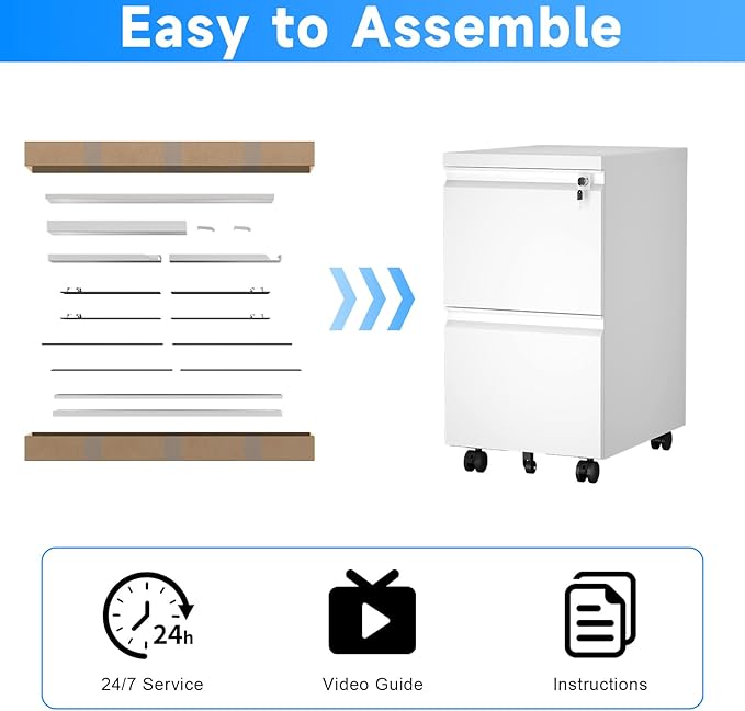 2 Drawer File Cabinet with Lock Metal Mobile Filing Cabinet on Wheels Compact Desk Side Storage Cabinet for Home Office Letter/Legal/A4 File Organizer with Anti-Tip Wheel (White)