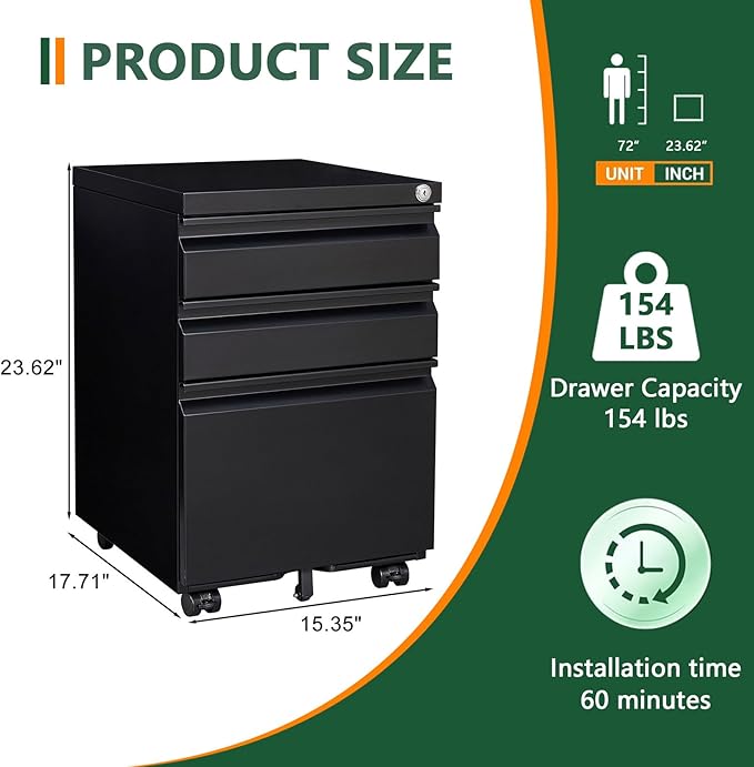 Fully Assembled 3 Drawer File Cabinet for Under Desk File Cabinet with 5 Casters &amp Smooth Gliding for Home Office Legal Letter and A4 Files One Lock (Black)