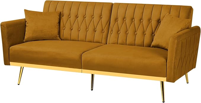 70” Velvet Futon Sofa Bed with 2 Pillows and Adjustable Armrests Convertible Sleeper Bed W/Adjustable Backrests Modern Loveseat for Living Room Bedroom Ginger