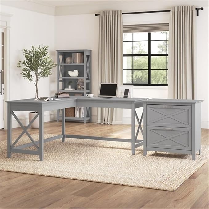Bush Furniture L Shaped Desk with Lateral File Cabinet | Key West Collection Corner Computer Table with Storage for Home Office with Filing Unit | 60Wx60Dx30H