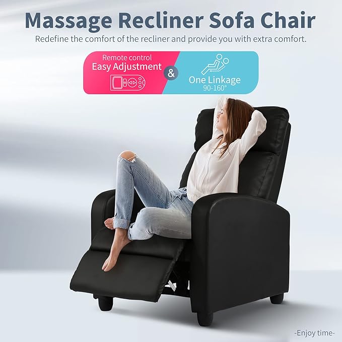 HCY Massage Recliner Chair Padded Wide Seat Sofa Wingback Single Sofa with Footrest PU Leather for Living RoomHome Theater(Black)