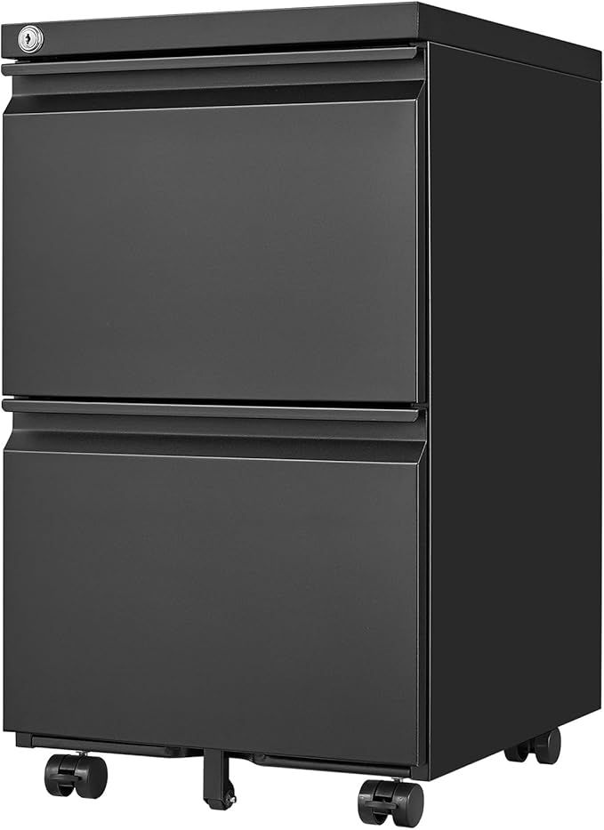 File Cabinet 2 Drawers on Wheels Under Desk Black Metal Rolling File Cabinets with Lock for Home Office Un-Assembled Filing Cabinet with Lock (2 Drawer Black)