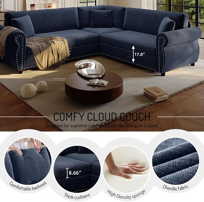 88'' Sleeper Sofa Bed Queen L Shaped Sectional Sofa with Pull Out Couch Bed Chenille 5 Seater Couch with Nailhead Trim &amp Rolled Arm Sectional Couches for Living Room Furniture Set Blue