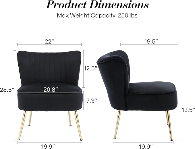 Velvet Accent Chair Set of 4 Comfy Upholstered Side Chair with Gold Metal Legs and Padded Seat Modern Small Corner Armless Living Room Chairs with Wing Back Black