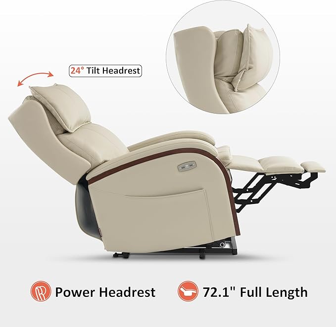 MCombo Power Lift Recliner Chair Sofa with Massage and Heat Adjustable Headrest for Elderly People Solid Wood Armrest USB Ports Side Pockets Faux Leather 7917 (Cream White Medium)