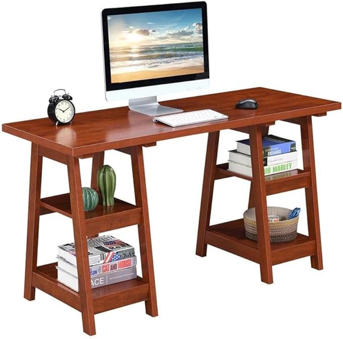 Pemberly Row Modern Double Trestle Desk Warm Cherry Wood Finish Spacious 54 in x 20 in Desktop with 4 Fixed Shelves Particle Board and MDF Home Office Desk for Studying or Working