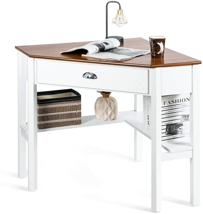 Corner Desk Compact Home Office Corner Desk Organizer90 Degrees Triangle Computer Laptop Writing Table for Small Spaces with Storage Shelf and Drawer (Natural)