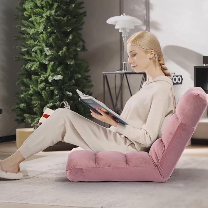 Floor Chair 24 inches Wide Oversized Velvet Armless Lay Flat Floor seat Padded Meditation Chair with 6 Adjustable Position Ergonomic Comfortable Convenient(LRSF-008-PINK)