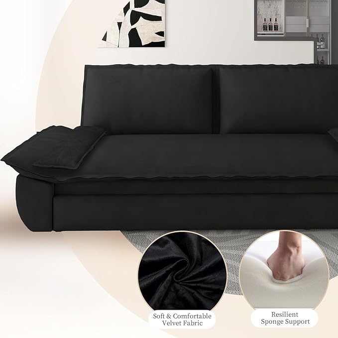 Rovibek 73 Pull Out Couch Queen Size 3 in 1 Convertible Sleeper Sofa Bed Velvet Convertible Sofa Bed Futon Loveseat Sleeper for Living Room Apartment Black