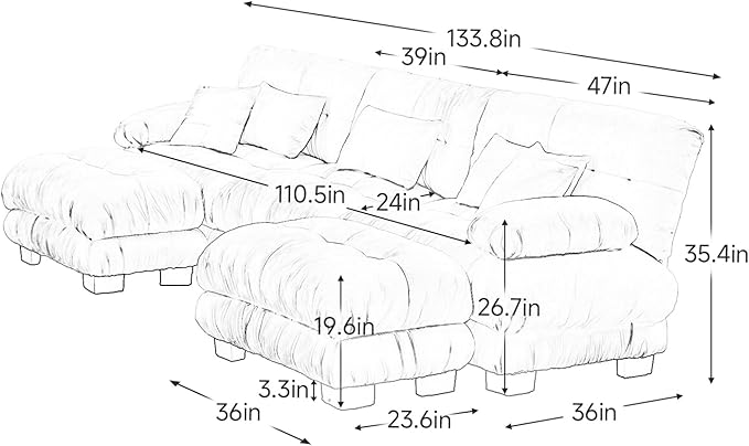133.8 Oversized Modular Sectional Sofa 3 Seater Pink Large Sectional Couches for Living Room Chenille Fabric Sofa Set Cloud Couches with Ottoman Deep Seat Modern Sofas para Sala U Shaped
