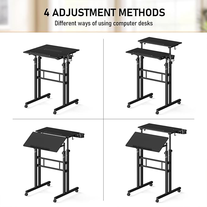 Small Standing Desk with Wheels Tall Mobile Stand Up Table Portable Standing Desk for Walking Pad Rolling Table Adjustable Height Rolling Computer Table for Tall Person
