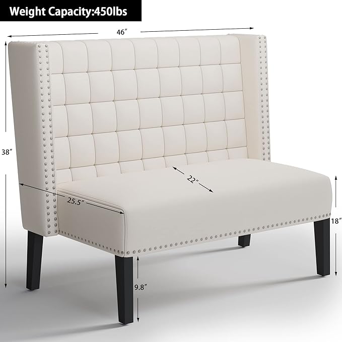 Andeworld Modern Loveseat Settee Bench Sofa Couch Upholstered Banquette Dining Bench with Back for Dining Living Room Hallway or Entryway SeatingWhite