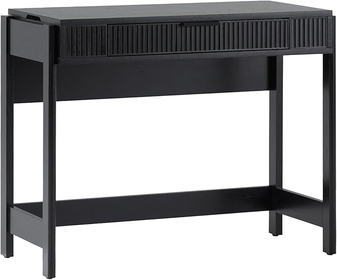 Walker Edison Transitional Style Furniture Reeded Detail Lift-Top Desk with Drawer and Storage Cubby Sitting to Standing Desk Soft Self-Close Desktop 38 Inch Black