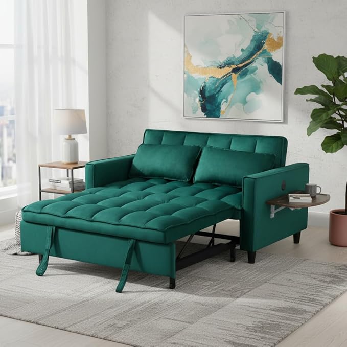 3 in 1 Sofa Bed Pull Out Couch with Side Pockets Loveseat Sleeper Sofa Bed with Side Table Pull Out Couch with USB Ports for Living Room Bedroom Apartment Green